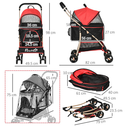 3-in-1 Detachable Pet Stroller with Rain Cover, Universal Wheels, Brake & Basket - Red and Gold Tone