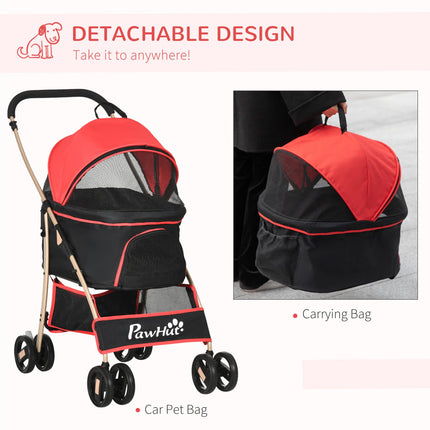 3-in-1 Detachable Pet Stroller with Rain Cover, Universal Wheels, Brake & Basket - Red and Gold Tone