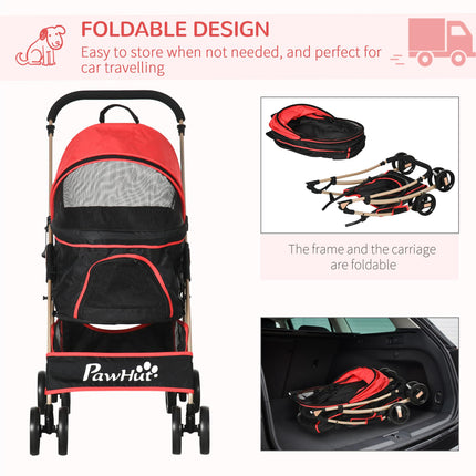 3-in-1 Detachable Pet Stroller with Rain Cover, Universal Wheels, Brake & Basket - Red and Gold Tone