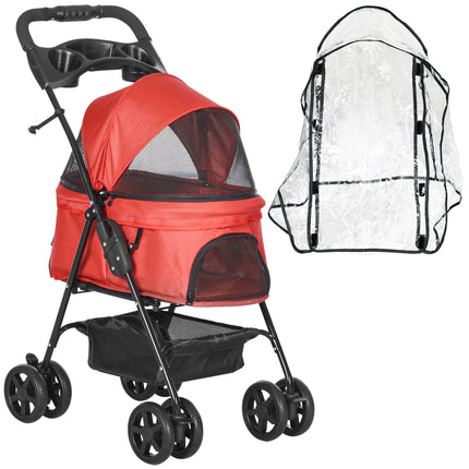 Dog Stroller with Rain Cover, One-Click Fold Pushchair with EVA Wheels, Brake, Adjustable Canopy & Safety Leash - Red