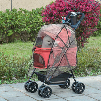 Dog Stroller with Rain Cover, One-Click Fold Pushchair with EVA Wheels, Brake, Adjustable Canopy & Safety Leash - Red
