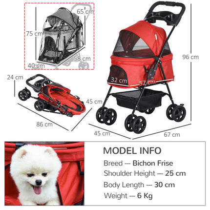 Dog Stroller with Rain Cover, One-Click Fold Pushchair with EVA Wheels, Brake, Adjustable Canopy & Safety Leash - Red