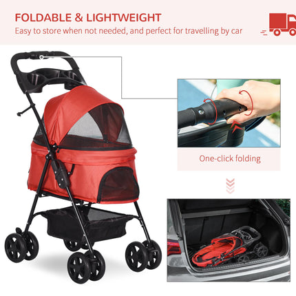 Dog Stroller with Rain Cover, One-Click Fold Pushchair with EVA Wheels, Brake, Adjustable Canopy & Safety Leash - Red