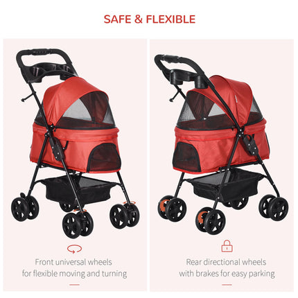 Dog Stroller with Rain Cover, One-Click Fold Pushchair with EVA Wheels, Brake, Adjustable Canopy & Safety Leash - Red