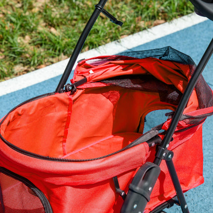 Dog Stroller with Rain Cover, One-Click Fold Pushchair with EVA Wheels, Brake, Adjustable Canopy & Safety Leash - Red