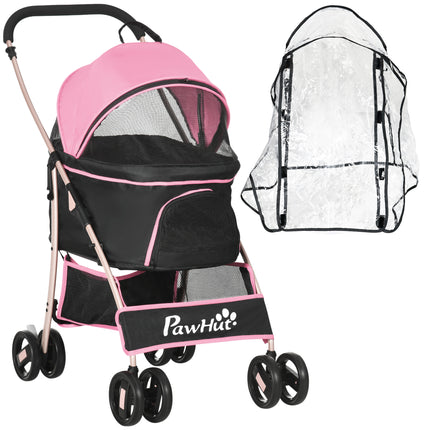 3-in-1 Detachable Pet Stroller with Rain Cover, Foldable Carrier Bag, Universal Wheels & Brake - Pink and Gold Tone