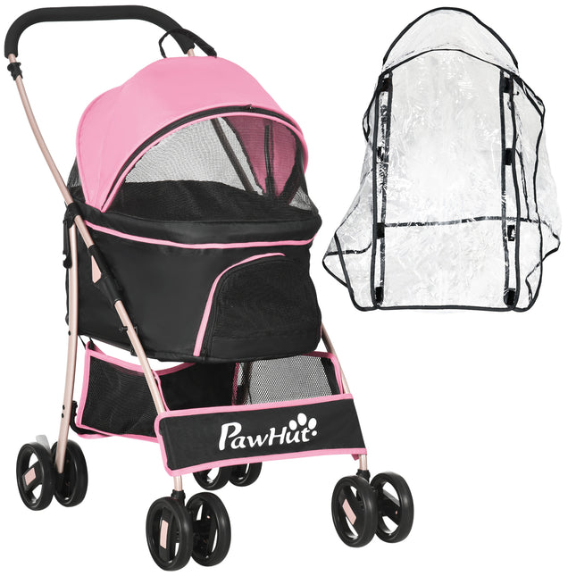3-in-1 Detachable Pet Stroller with Rain Cover, Foldable Carrier Bag, Universal Wheels & Brake - Pink and Gold Tone