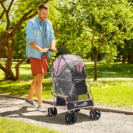 3-in-1 Detachable Pet Stroller with Rain Cover, Foldable Carrier Bag, Universal Wheels & Brake - Pink and Gold Tone