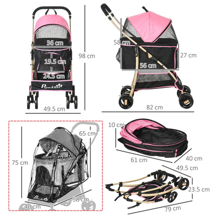 3-in-1 Detachable Pet Stroller with Rain Cover, Foldable Carrier Bag, Universal Wheels & Brake - Pink and Gold Tone