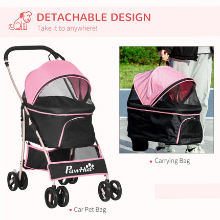 3-in-1 Detachable Pet Stroller with Rain Cover, Foldable Carrier Bag, Universal Wheels & Brake - Pink and Gold Tone