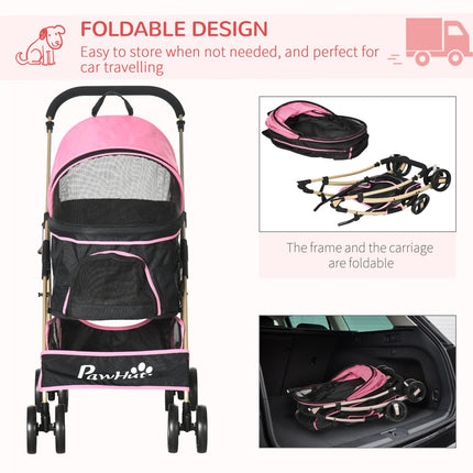 3-in-1 Detachable Pet Stroller with Rain Cover, Foldable Carrier Bag, Universal Wheels & Brake - Pink and Gold Tone