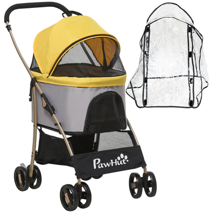 3 in 1 Detachable Pet Stroller with Rain Cover, Foldable Carry Bag, Universal Wheels, Brake, Canopy, Basket - Yellow and Gold Tone