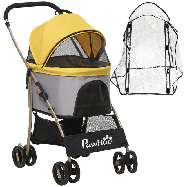 3 in 1 Detachable Pet Stroller with Rain Cover, Foldable Carry Bag, Universal Wheels, Brake, Canopy, Basket - Yellow and Gold Tone