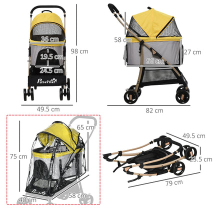 3 in 1 Detachable Pet Stroller with Rain Cover, Foldable Carry Bag, Universal Wheels, Brake, Canopy, Basket - Yellow and Gold Tone