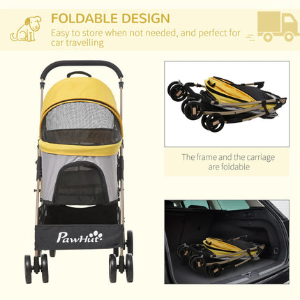 3 in 1 Detachable Pet Stroller with Rain Cover, Foldable Carry Bag, Universal Wheels, Brake, Canopy, Basket - Yellow and Gold Tone
