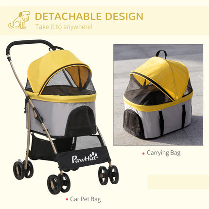 3 in 1 Detachable Pet Stroller with Rain Cover, Foldable Carry Bag, Universal Wheels, Brake, Canopy, Basket - Yellow and Gold Tone