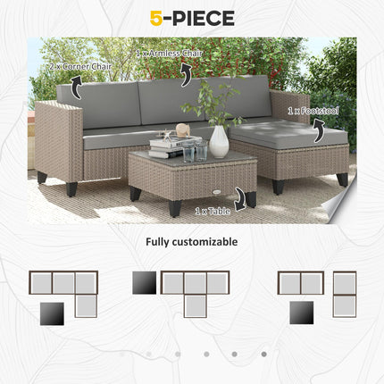 5-Piece Rattan Patio Furniture Set with Corner Sofa, Footstools & Coffee Table - Brown