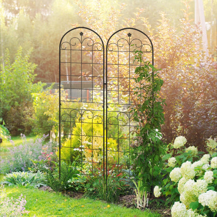 Set of 2 Metal Garden Trellis Panels 180x50cm Powder Coated Floral Design - Black