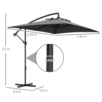 3x2m Rectangular Cantilever Parasol with Crank Handle and Cross Base - Grey
