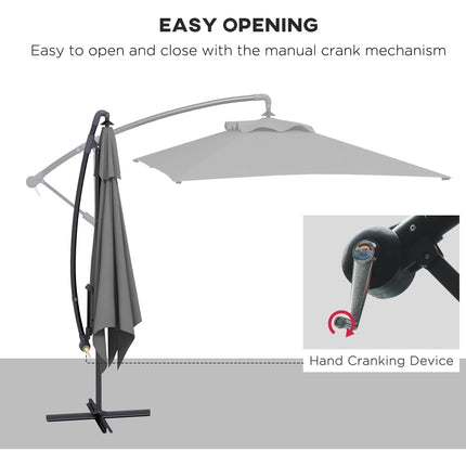 3x2m Rectangular Cantilever Parasol with Crank Handle and Cross Base - Grey