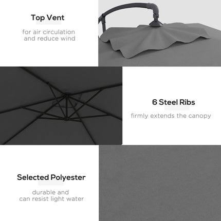 3x2m Rectangular Cantilever Parasol with Crank Handle and Cross Base - Grey