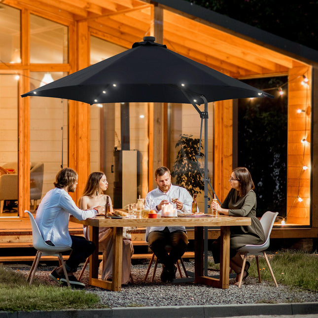 3 Metre Cantilever Garden Parasol with Solar LED and Waterproof Cover - Black