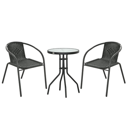 3 Piece Rattan Bistro Set with Tempered Glass Table - Black