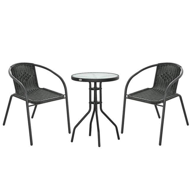 3 Piece Rattan Bistro Set with Tempered Glass Table - Black