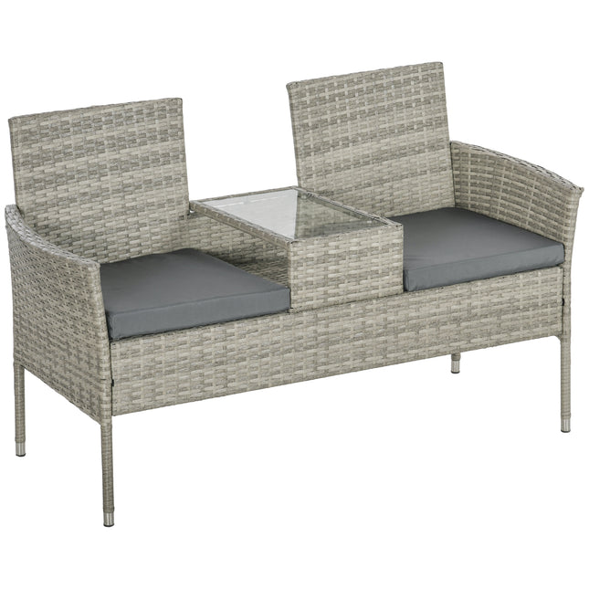 2 Piece Rattan Loveseat Set with Glass Table and Cushions - Mixed Grey