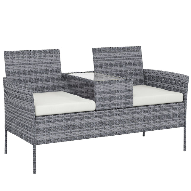 2 Piece Rattan Garden Loveseat Set with Glass Table - Grey