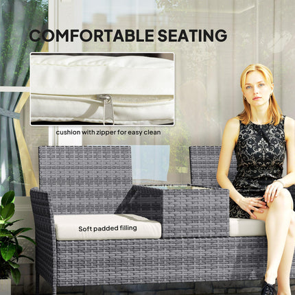 2 Piece Rattan Garden Loveseat Set with Glass Table - Grey