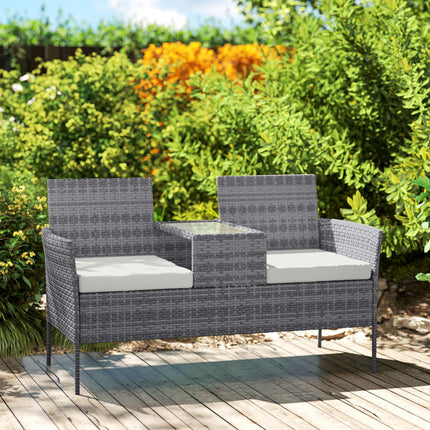 2 Piece Rattan Garden Loveseat Set with Glass Table - Grey