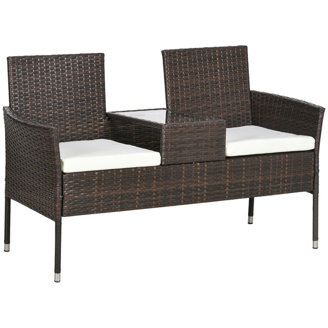 Two-Seat Rattan Chair with Tempered Glass Middle Table - Brown