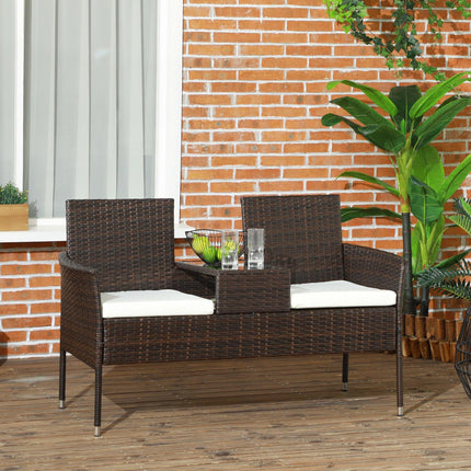 Two-Seat Rattan Chair with Tempered Glass Middle Table - Brown