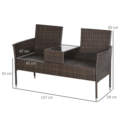 Two-Seat Rattan Chair with Tempered Glass Middle Table - Brown