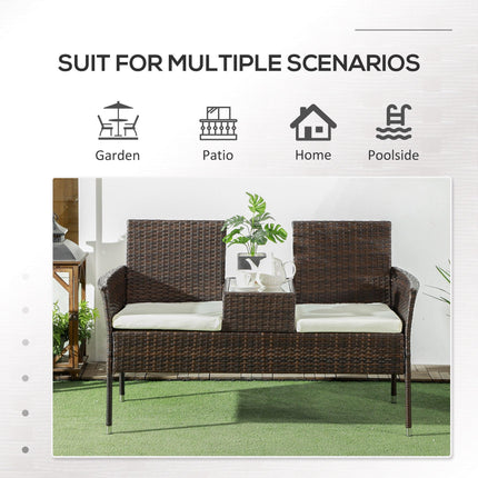 Two-Seat Rattan Chair with Tempered Glass Middle Table - Brown