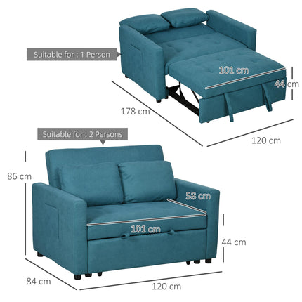 Convertible Loveseat Sofa Bed with Cushions and Side Pockets - Blue