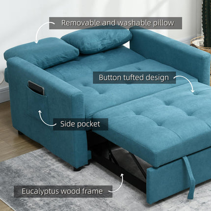 Convertible Loveseat Sofa Bed with Cushions and Side Pockets - Blue