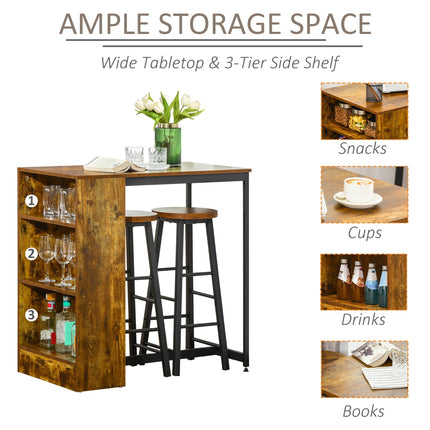 Industrial Bar Table Set for Two with Storage Shelves - Black and Brown