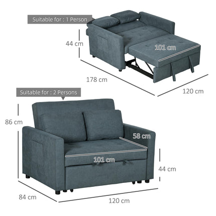 Loveseat Convertible Sofa Bed with 2 Cushions and Side Pockets - Charcoal Grey