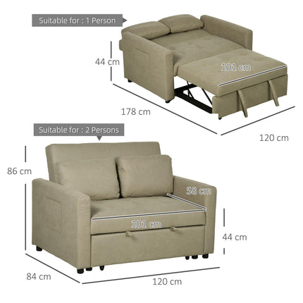 Convertible Loveseat Sofa Bed with Cushions and Side Pockets - Light Brown