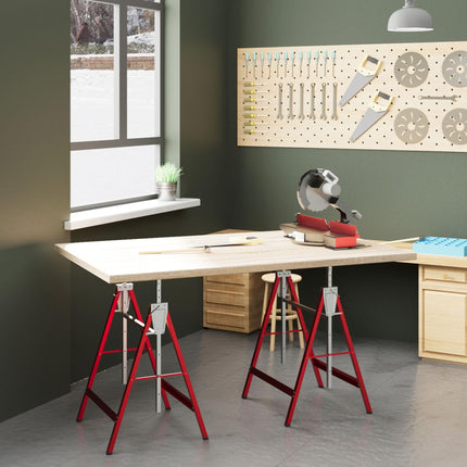 Set of 2 Adjustable Telescopic Builders Trestles Folding Steel Work Benches - Red