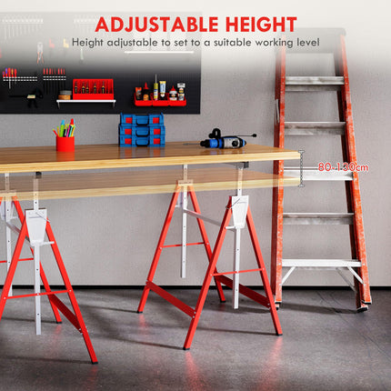 Set of 2 Adjustable Telescopic Builders Trestles Folding Steel Work Benches - Red