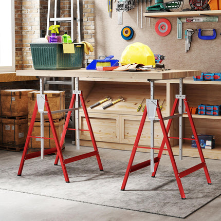 Set of 2 Adjustable Telescopic Builders Trestles Folding Steel Work Benches - Red