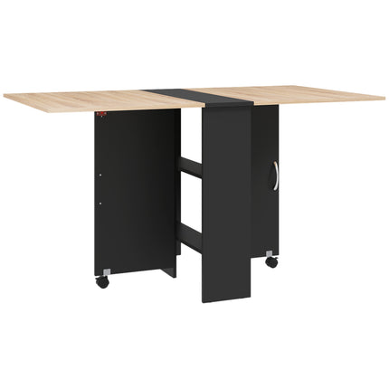 Folding Drop Leaf Dining Table with 2-Tier Shelves and Rolling Casters - Oak and Black
