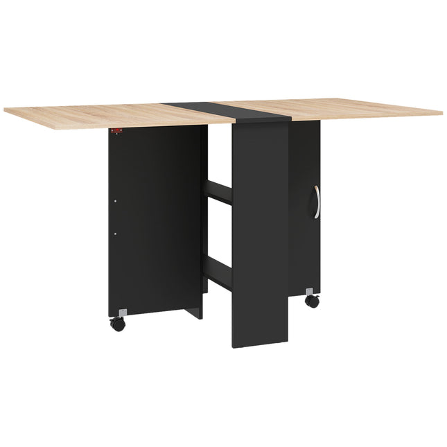 Folding Drop Leaf Dining Table with 2-Tier Shelves and Rolling Casters - Oak and Black