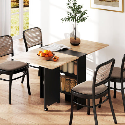 Folding Drop Leaf Dining Table with 2-Tier Shelves and Rolling Casters - Oak and Black