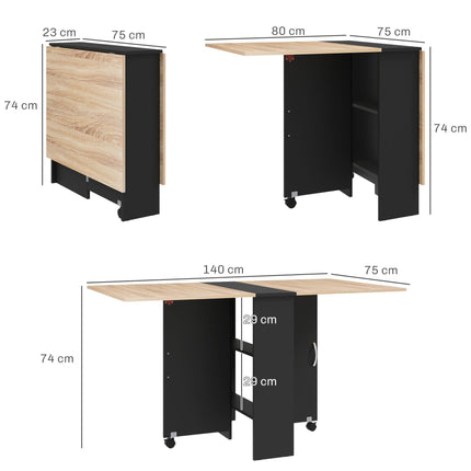 Folding Drop Leaf Dining Table with 2-Tier Shelves and Rolling Casters - Oak and Black