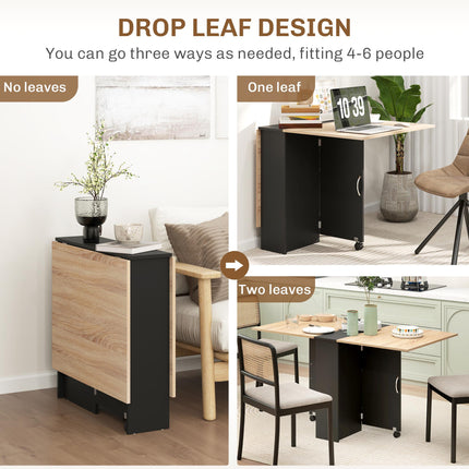 Folding Drop Leaf Dining Table with 2-Tier Shelves and Rolling Casters - Oak and Black