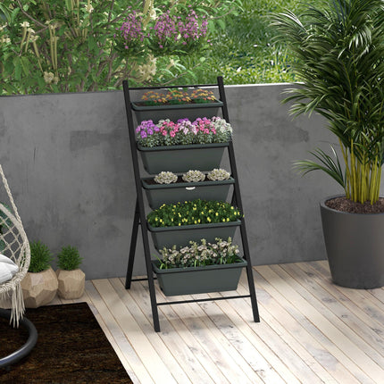 5 Tier Vertical Raised Garden Planter with 5 Grey Pots for Outdoor Growing - Grey